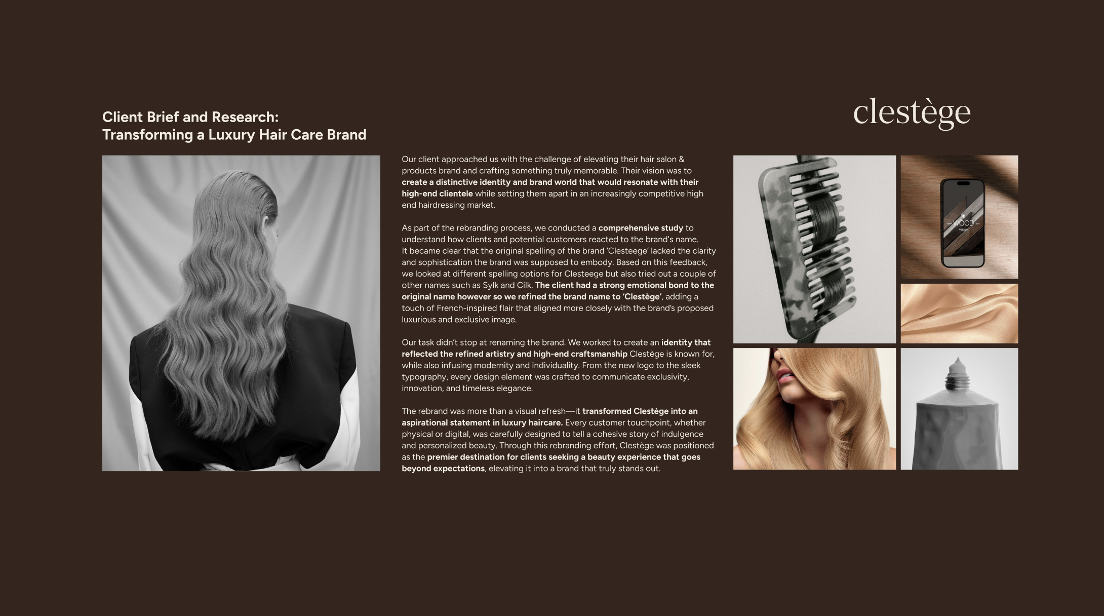 Client brief and research slide — transforming a luxury hair care brand, from the Clestège brand deck